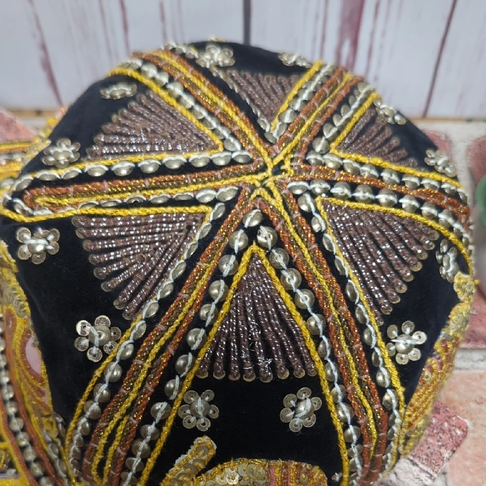 Vtg Kalaga Embroidered Elephant Tapestry Cap Beaded‎ Sequin Black Velvet Mynamar - Picture 8 of 16
